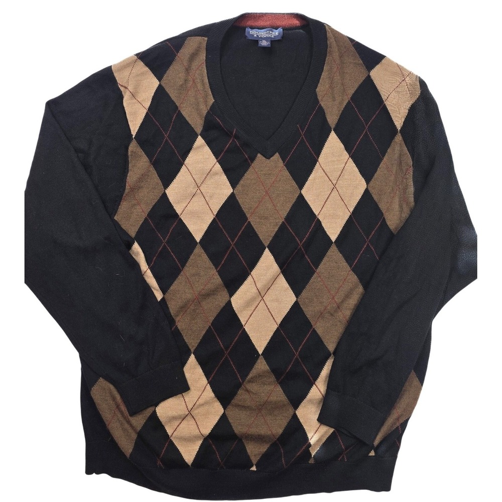 Roundtree‎ & Yorke Black & Tan Argyle Merino Wool Blend Sweater Men's Size XL